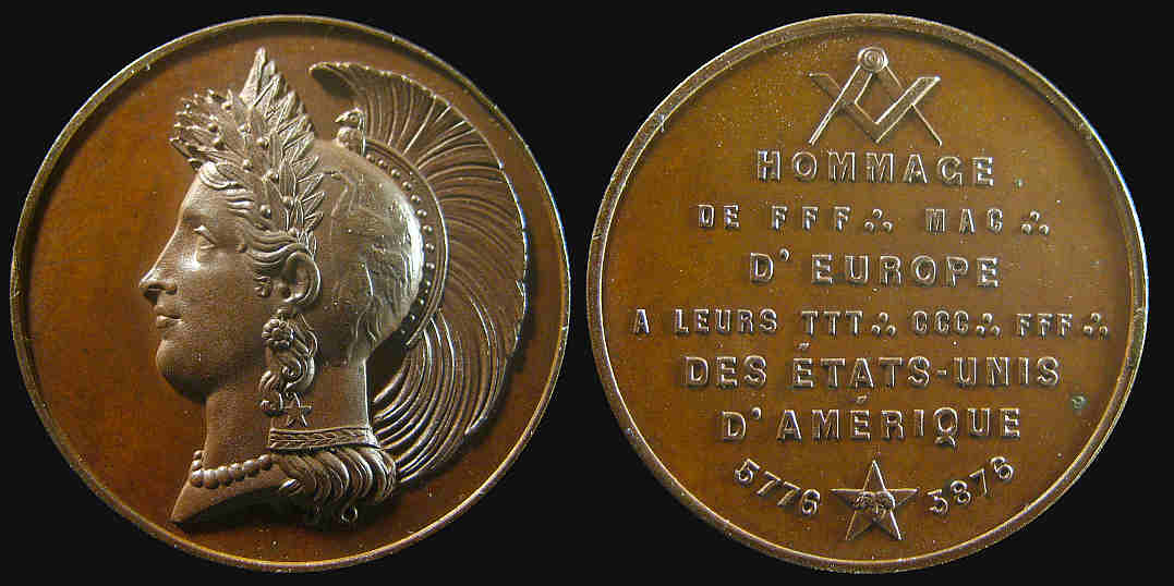 Mason medal paying tribute USA 1876 Centennial medal
