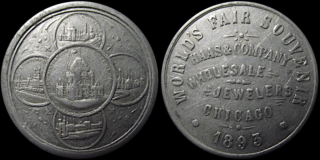 Five buildings Worlds Columbian Exposition Haas & Company Wholesale Jewelers Chicago 1893 token