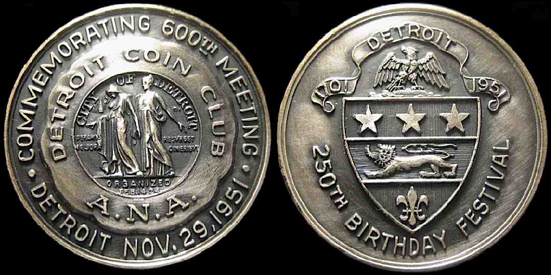 250th Anniversary Birthday Festival Detroit Coin Club 1951 medal