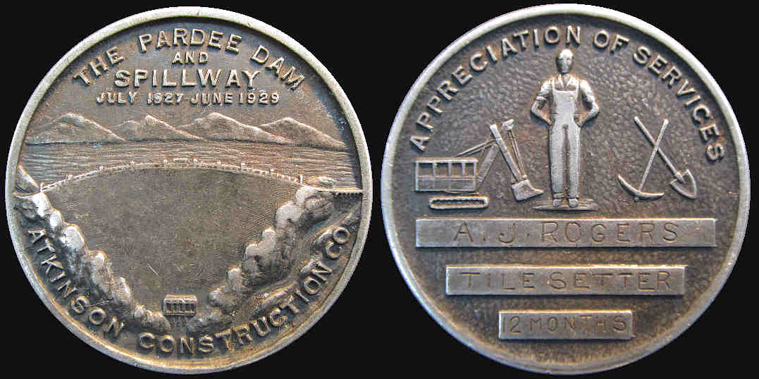 Pardee Dam and Spillway 1929 service medal Atkinson Construction