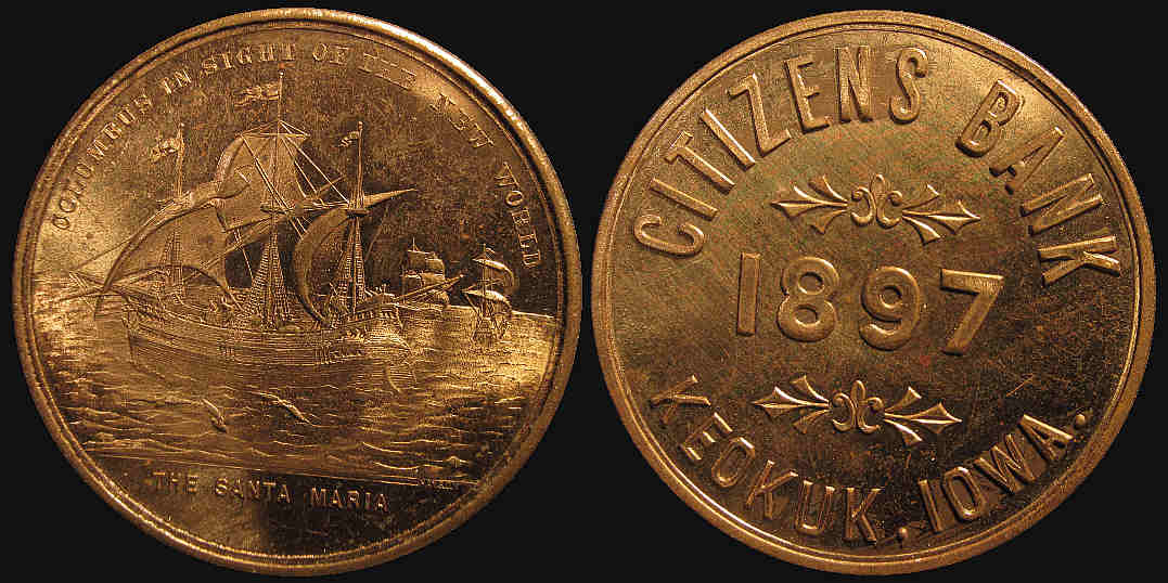 Columbus in sight of the New World Keokuk Iowa Citizens Bank medal