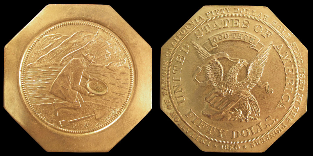 Fifty Dollar Imitation Gold Slug Kneeling Miner in Stream with Shovel