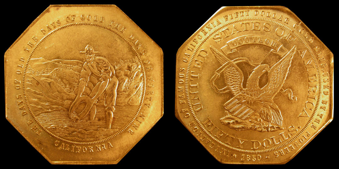 Fifty Dollar Imitation Gold Slug Days of 49 Standing Miner in Stream