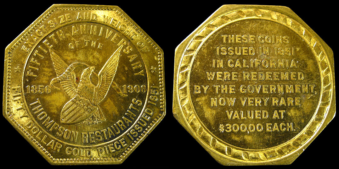 Fiftieth Anniversary Thompson Restaurants Imitation Gold Slug 1906